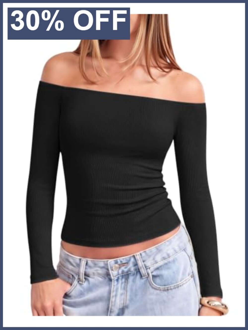 Women Long Sleeve Off Shoulder Ribbed Knit Top with Built-in Bra Cotton Blend